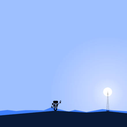 Artwork of bot waving at a communication tower and the sun which is behind it